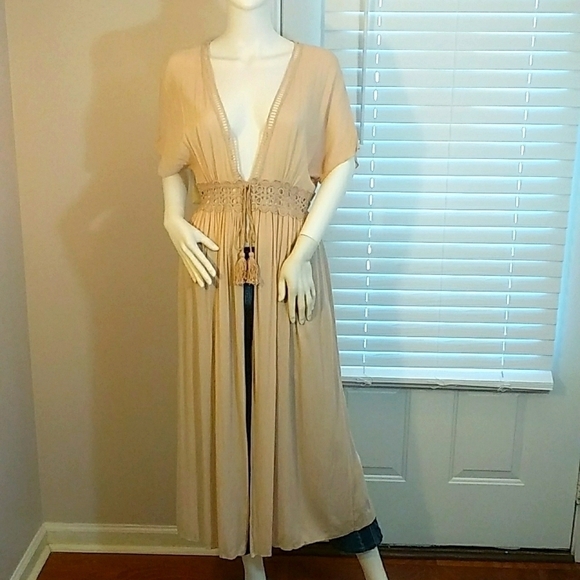 Lavender Field Womens Tan Maxi Dress Embroidery Tie & Tassel at Waistline Size M - Picture 10 of 10
